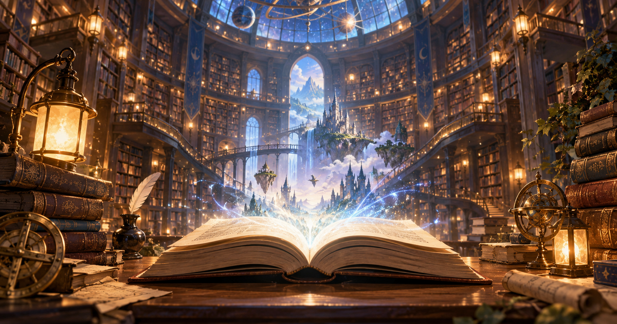 魔法の光が広がる幻想的な図書館と開かれた本